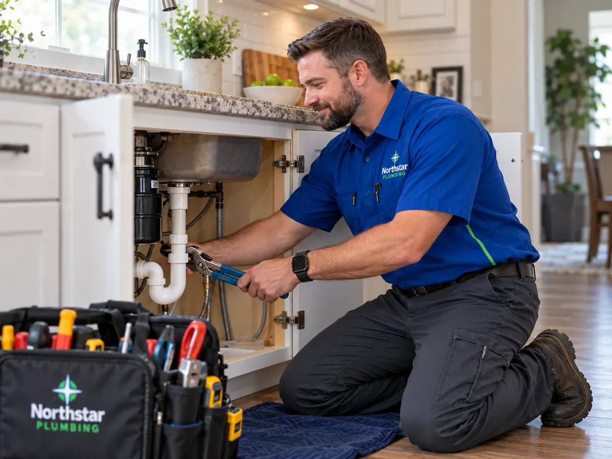 Plumber kneeling on a protective mat, working on the drain pipes under a kitchen sink