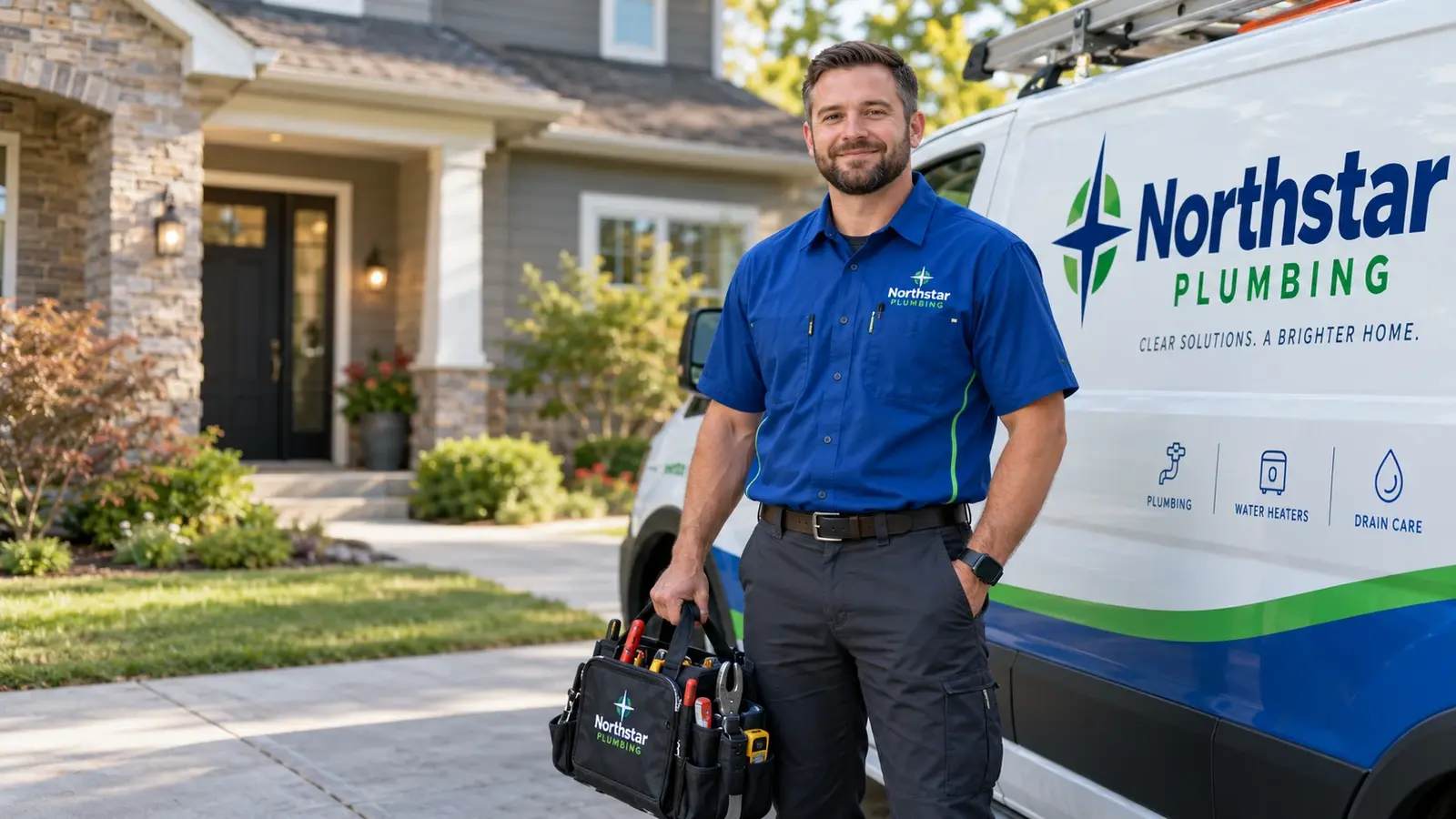 Plumber in a Northstar Plumbing uniform standing with a tool bag beside a Northstar Plumbing van outside a house